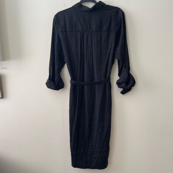 NYDJ Black Linen Belted Shirt Dress 3/4 Sleeve Rolled Cuff Black Size Medium NEW - Picture 3 of 6